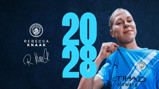 Rebecca Knaak signs with Manchester City, with a contract lasting until 2028. The image shows a jersey featuring the Manchester City logo with her name and contract year, 2028.
