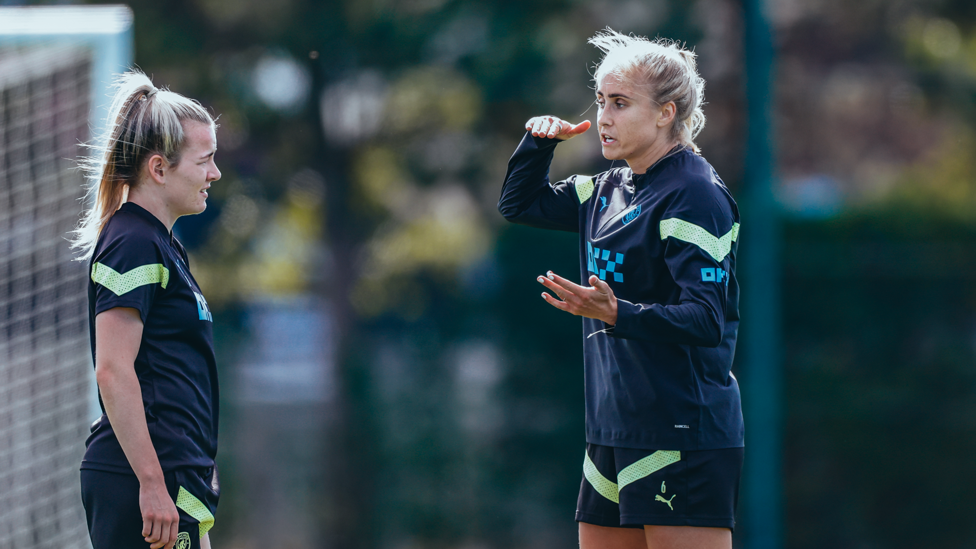 CAPTAIN FANTASTIC : Steph Houghton offers some instructions to Lauren Hemp