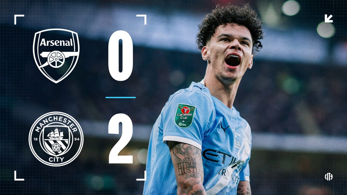 Manchester City defeated Arsenal 2-0, with the scoreboard featuring team logos and a Manchester City player celebrating.