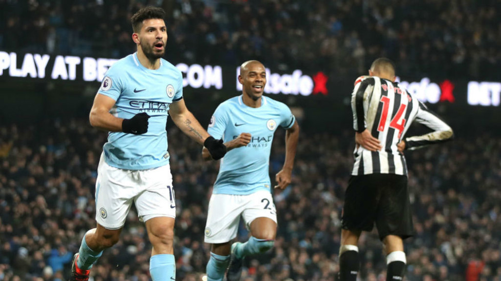 LETHAL WEAPON : Newcastle were in Kun's sights once again as Sergio struck another Magpies treble at the Etihad