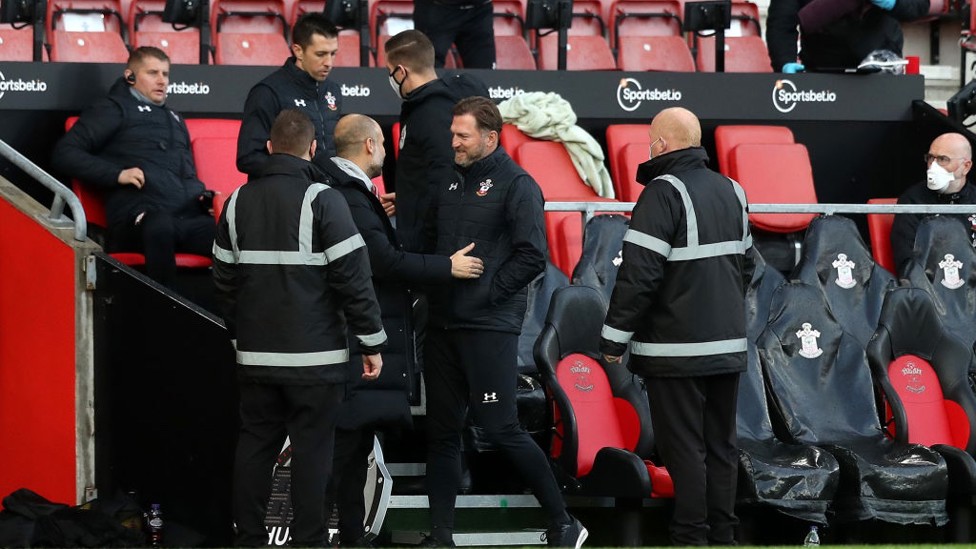 BOSSES : Guardiola and Hasenhuttl greet as kick-off edges closer at St Mary's Stadium.