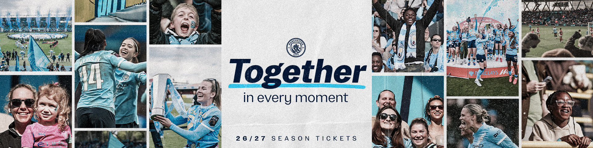 Collage of Manchester City moments with text 'Together in every moment' promoting 26/27 season tickets.