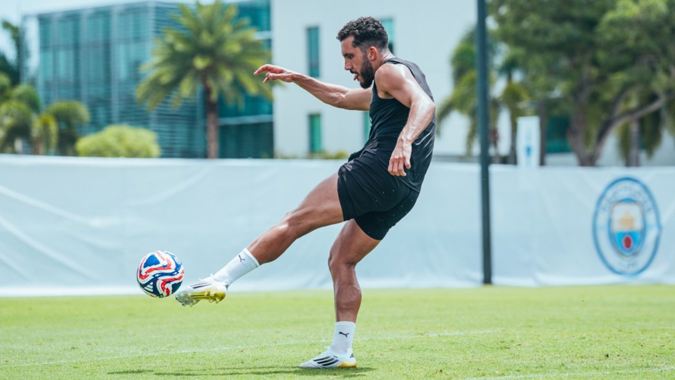 BY THE LEFT: Rayan Cherki lets fly at our Boca Raton training HQ.