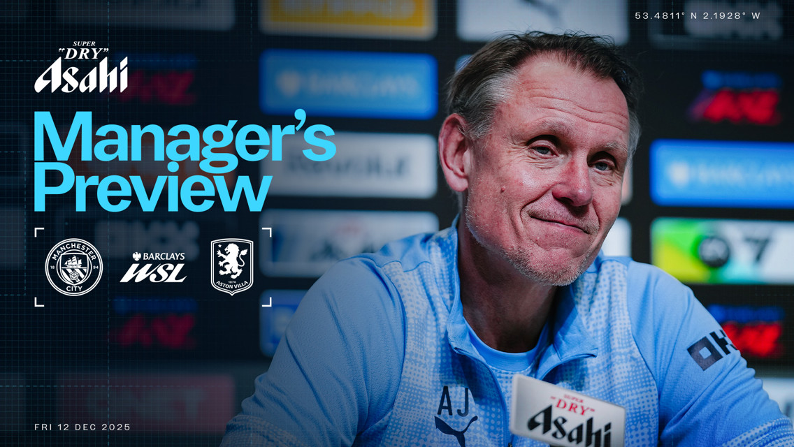 Blurred image of a manager in a press conference promoting the Manager's Preview for the Manchester City vs Aston Villa WSL match scheduled on Friday 12th December 2025. The event is sponsored by Asahi.