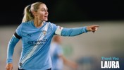 A Manchester City women's team player in action, wearing a blue jersey with Etihad Airways logo, pointing on the field. Text 'Thank You Laura' is displayed.