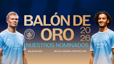 Two football players are featured in Manchester City jerseys, promoting their nominations for the 2026 Ballon d'Or and Best Young Player of the Year.
