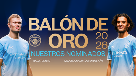 Two football players are featured in Manchester City jerseys, promoting their nominations for the 2026 Ballon d'Or and Best Young Player of the Year.
