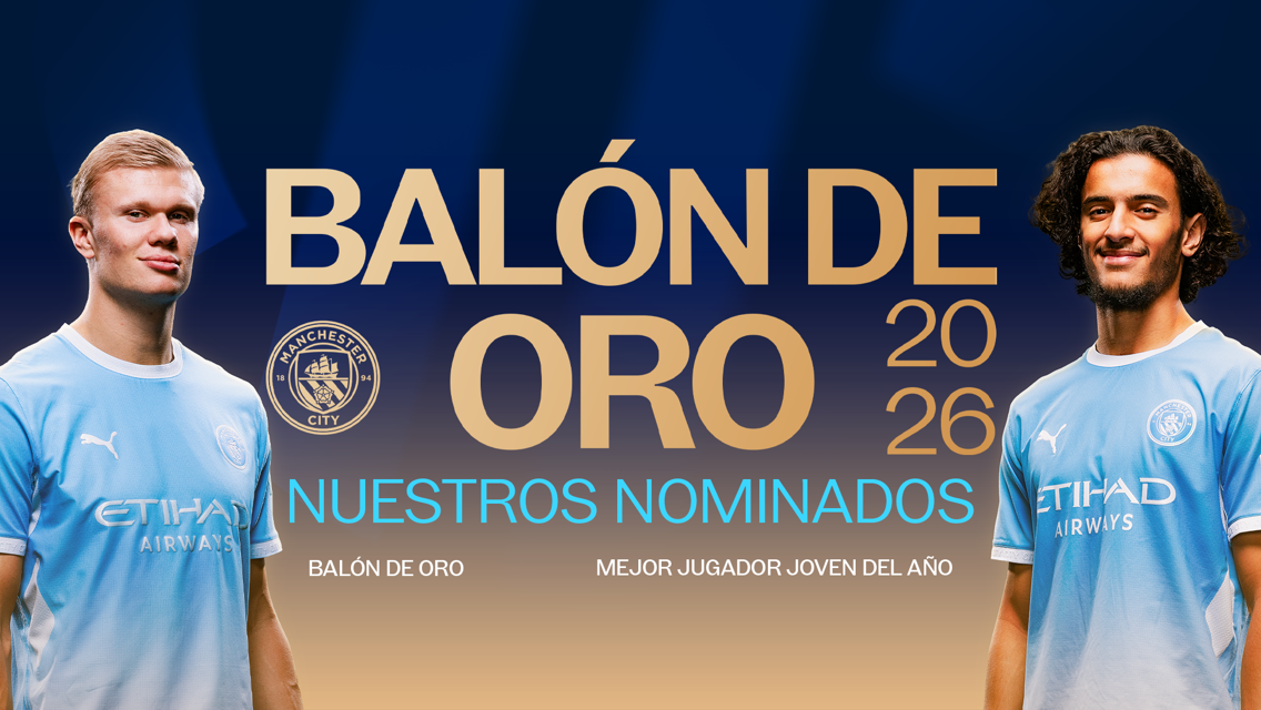 Two football players are featured in Manchester City jerseys, promoting their nominations for the 2026 Ballon d'Or and Best Young Player of the Year.