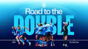 Graphic showing 'Road to the Double' with Manchester City women's team celebrating. Timelines marked GW1, GW9, and FA Cup Final.