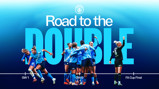 Graphic showing 'Road to the Double' with Manchester City women's team celebrating. Timelines marked GW1, GW9, and FA Cup Final.