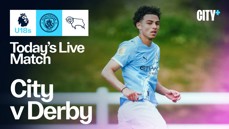 Manchester City U18 vs Derby County U18 live match promo featuring a Manchester City player on one side, with team logos and streaming details on the other.