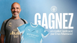 Promotional image featuring text in French: 'Gagnez un maillot dédicacé par Enzo Maresca!' with Manchester City logo, Enzo Maresca, and a signed Manchester City jersey.