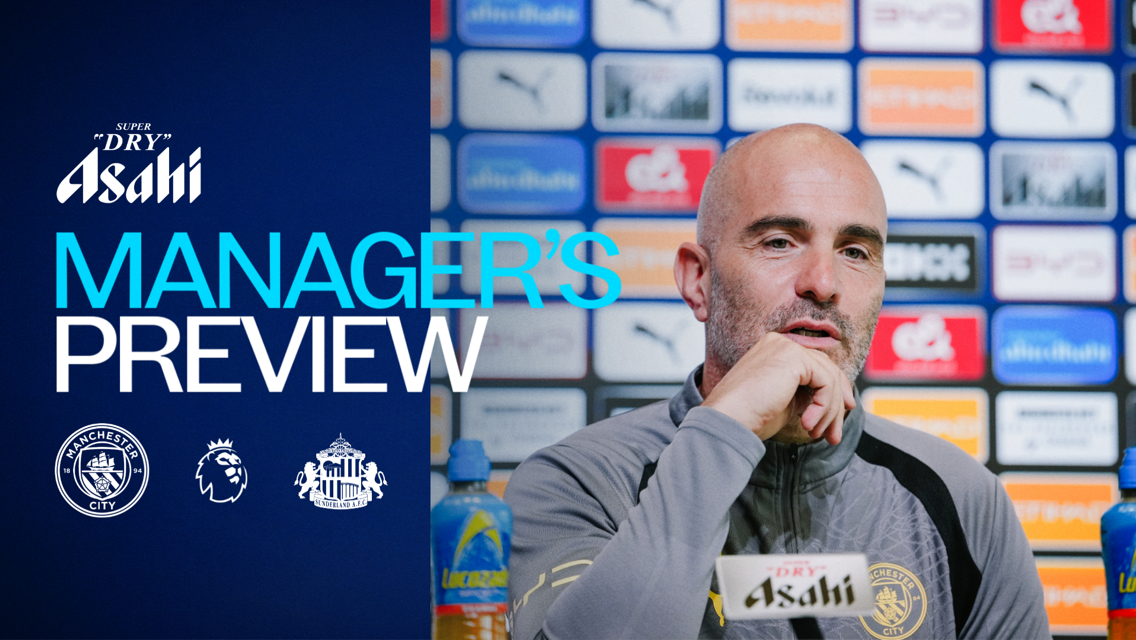 A soccer manager participates in a press conference. The text reads 'Manager's Preview' alongside logos for Manchester City, Premier League, and Sunderland AFC. Sponsored by Asahi Super Dry.