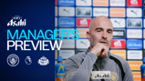 A soccer manager participates in a press conference. The text reads 'Manager's Preview' alongside logos for Manchester City, Premier League, and Sunderland AFC. Sponsored by Asahi Super Dry.