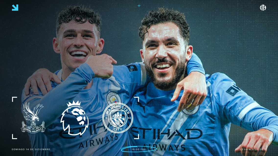 Blurred Manchester City players in blue kit, featuring logos for Crystal Palace and Manchester City on an upcoming Premier League match image with date and time mentioned.