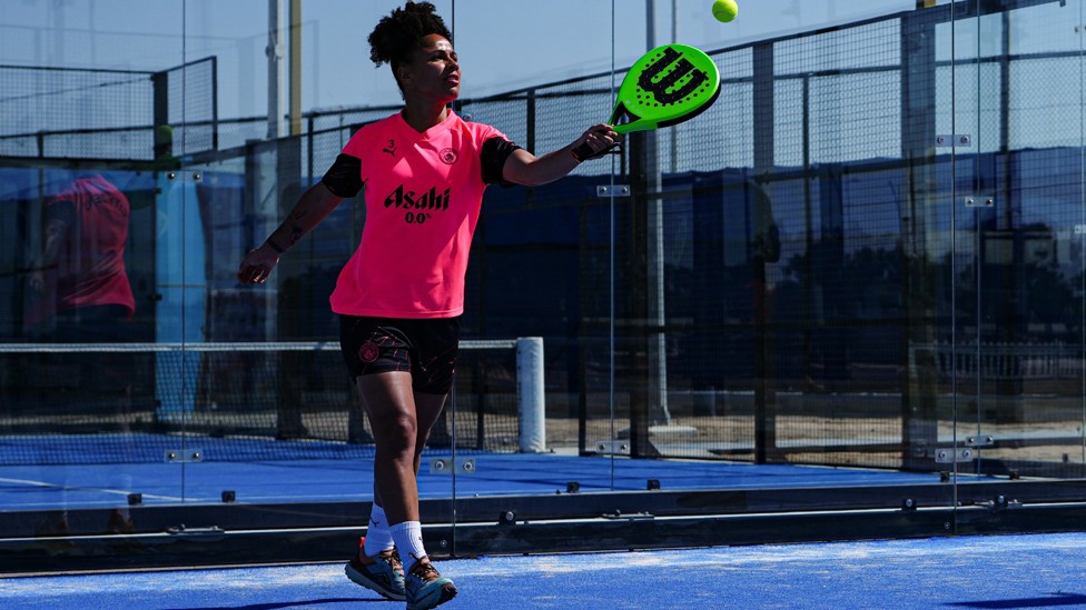 PADEL PRO : Demi Stokes shows off her padel skills. 
