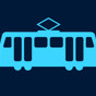A blue tram icon on a dark blue background, illustrated with a stylized design and four wheels, commonly used to represent public transportation networks.