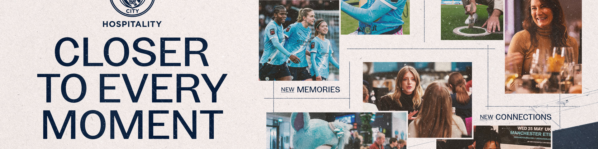 Manchester City promotion for Women's Team hospitality 2026/27. Includes experiences, memories, and connections. Showcases stadium and fans.