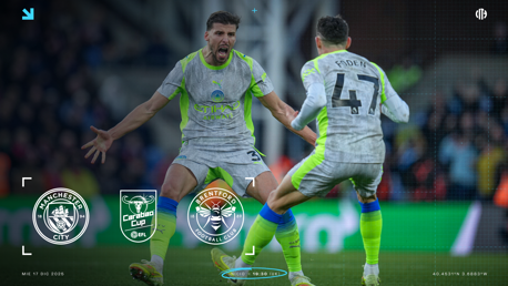 The image shows Manchester City players on the field, with logos for Manchester City, Brentford, and the Carabao Cup. Date displayed is 17 Dec 2025, with kickoff time 19:30 UK.