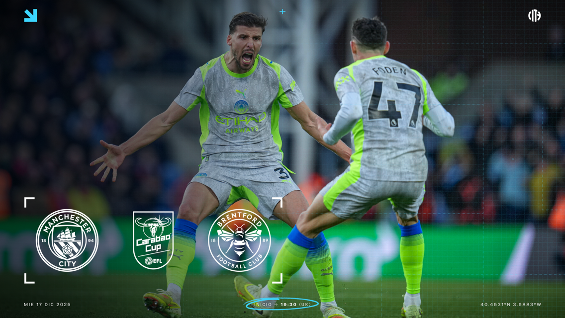 The image shows Manchester City players on the field, with logos for Manchester City, Brentford, and the Carabao Cup. Date displayed is 17 Dec 2025, with kickoff time 19:30 UK.