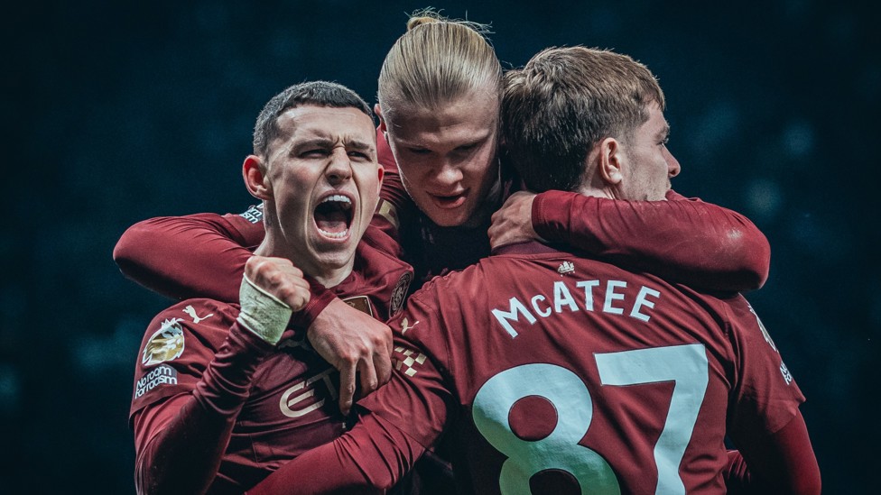NOT THIS TIME : Haaland celebrates with Foden and James McAtee but VAR ruled out his goal in the win at Spurs