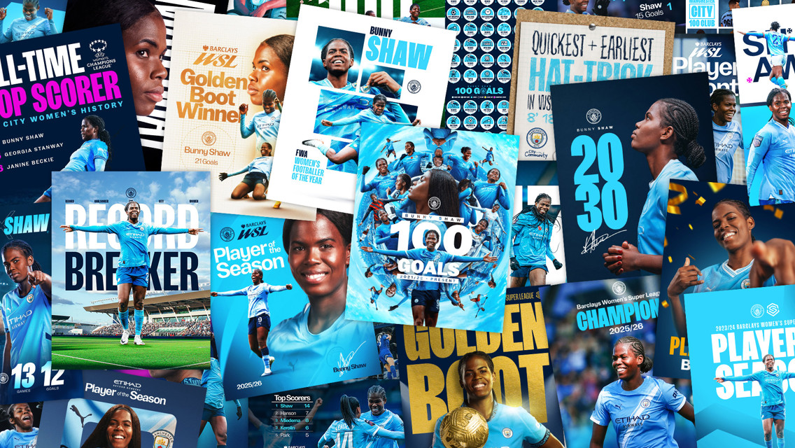Collage celebrating Manchester City Women's football achievements including record goals, golden boots, and Player of the Season awards.