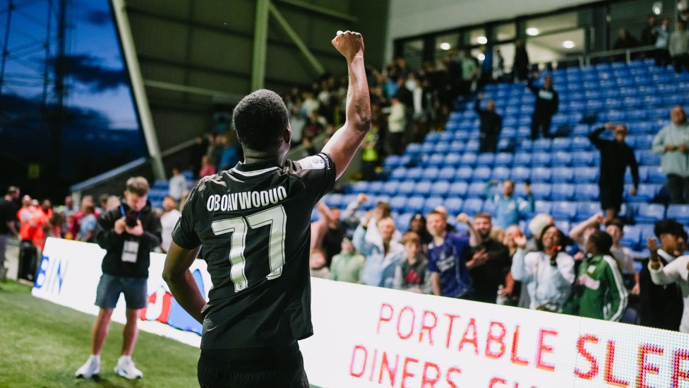 UNREAL SUPPORT : Justin Oboavwoduo celebrates our EFL Trophy win at Oldham with the fans. 