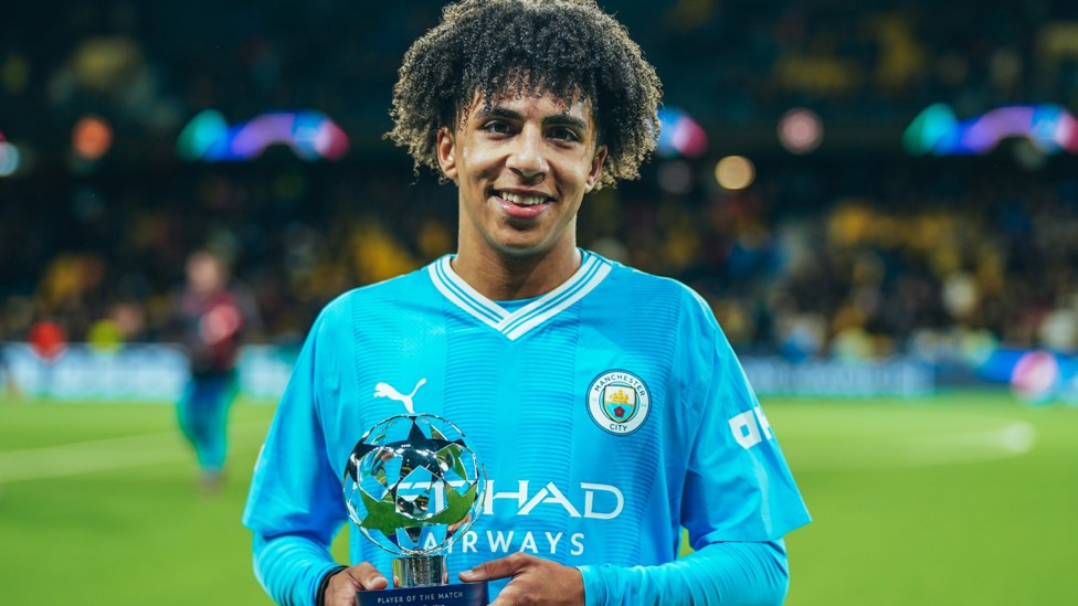 OUR BOY : Rico Lewis receiving recognition for a man-of-the-match performance in the Champions League. 