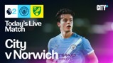 Live match announcement for Manchester City vs Norwich with a blurred player in a Manchester City kit.