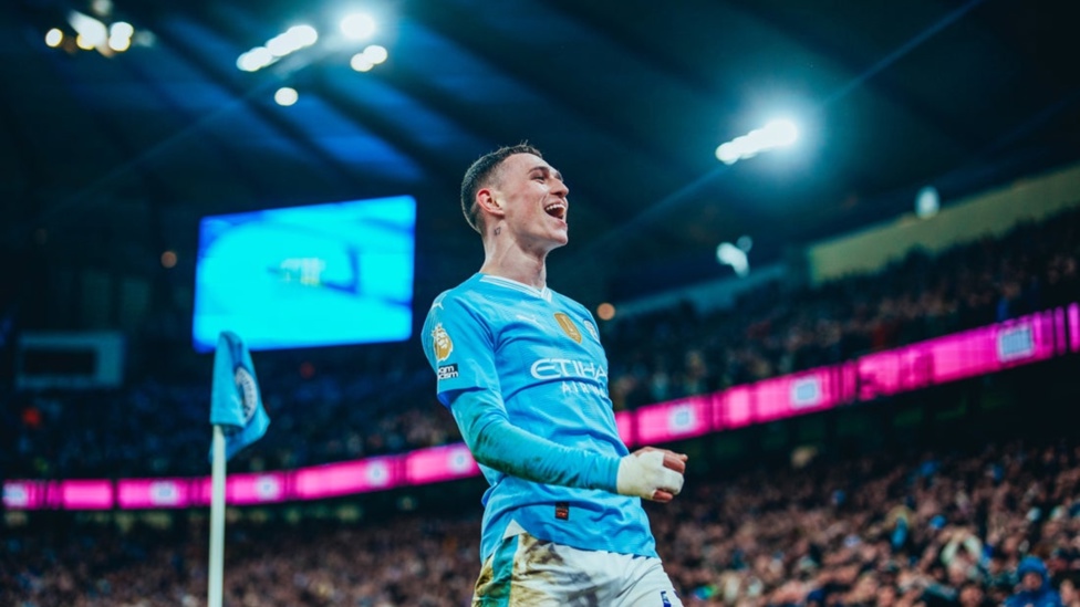 CROWD PLEASER: Man of the Match, Foden, celebrates with the fans