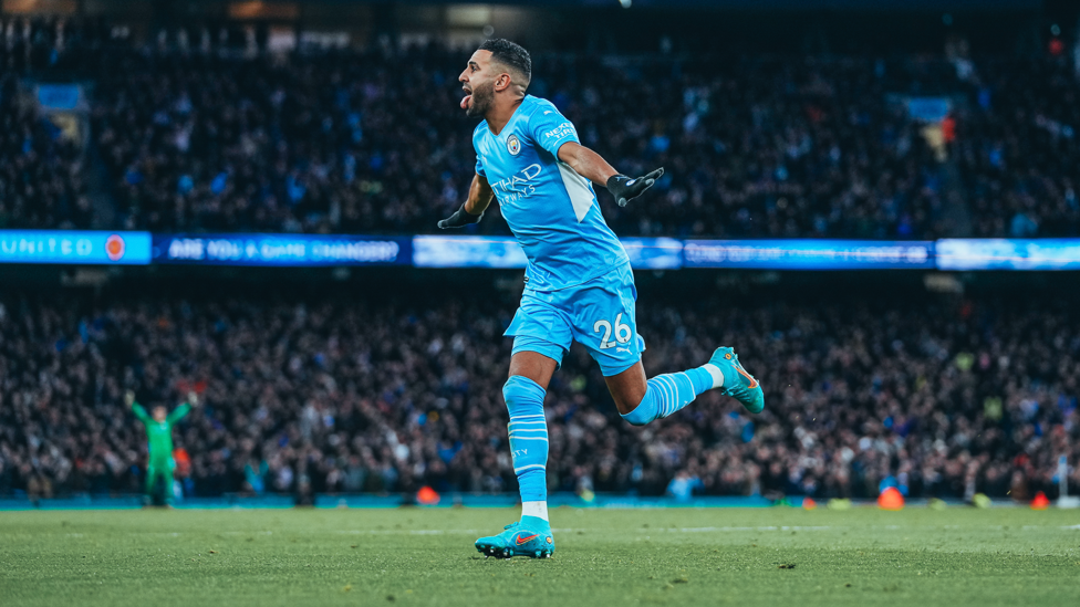 DERBY DELIGHT : Mahrez fires home a sumptuous volley in City's 4-1 win over Manchester United