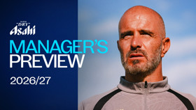 Image featuring a man with a grey jacket, labeled 'Manager's Preview 2026/27' with Asahi Super Dry logo.