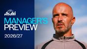 Image featuring a man with a grey jacket, labeled 'Manager's Preview 2026/27' with Asahi Super Dry logo.