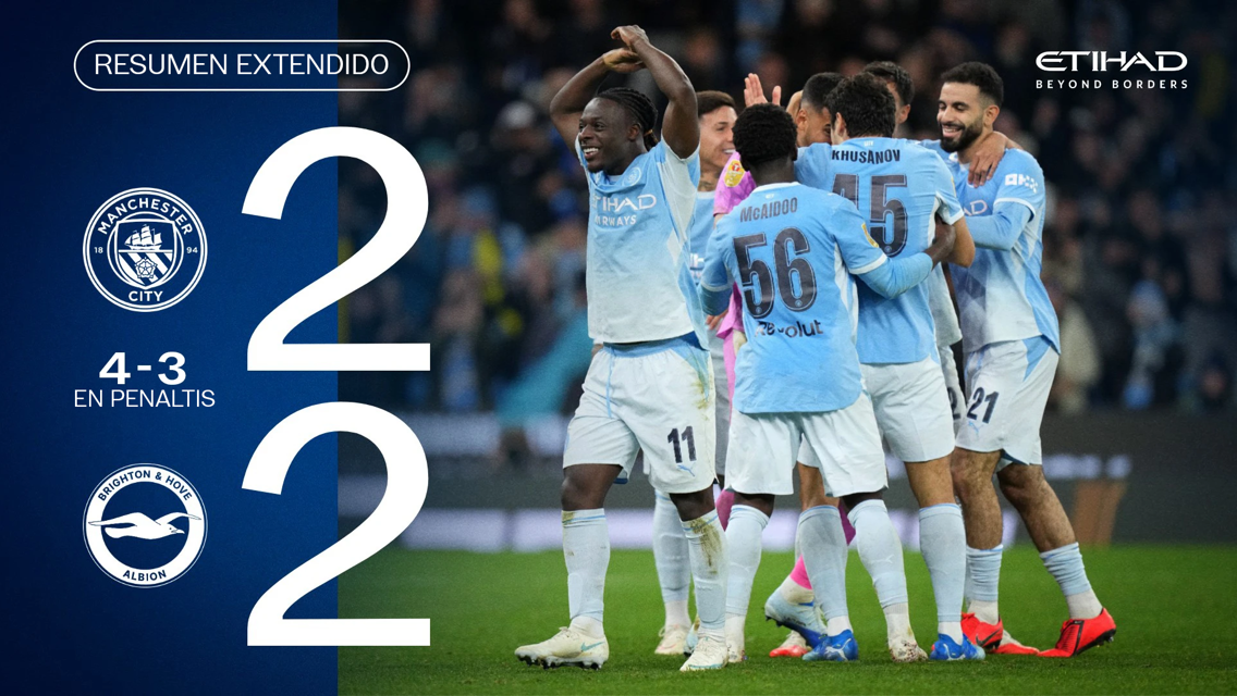 Image showing Manchester City players celebrating after a match against Brighton & Hove Albion. The score is tied 2-2, with Manchester City winning 4-3 in penalties.