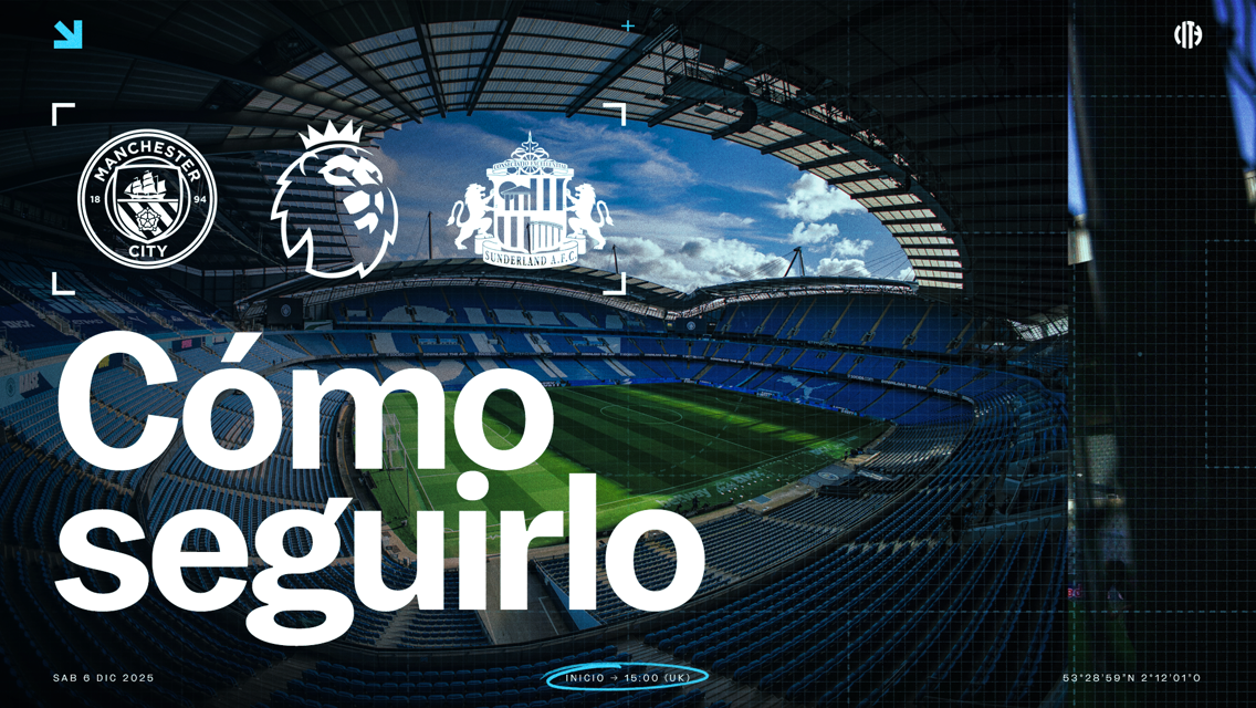 The image is a promotional graphic for an upcoming match between Manchester City and Sunderland A.F.C. scheduled for Saturday, December 6, 2025, at 15:00 (UK time). It features club logos and a background of an empty football stadium.