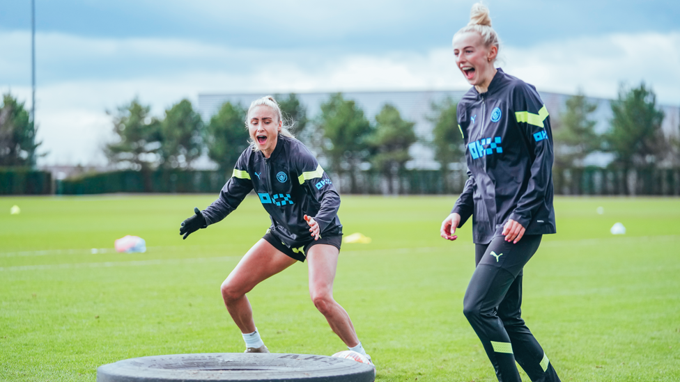 BIG REACTION : Steph Houghton and Chloe Kelly can't believe their eyes