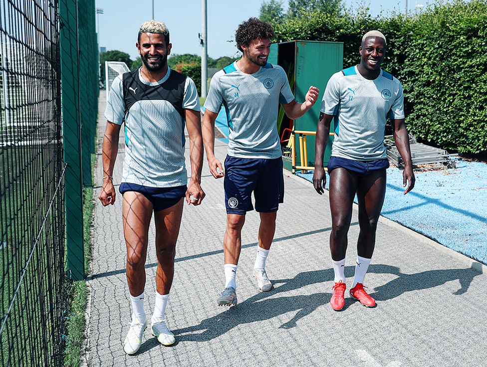 REPORTING FOR DUTY: Riyad Mahrez, Philippe Sandler and Benjamin Mendy were in buoyant mood ahead of Tuesday's session