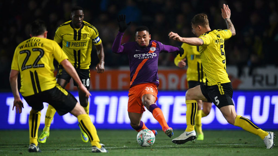 SURROUNDED : Substitute Gabriel Jesus looks for an opening whilst under pressure from all angles