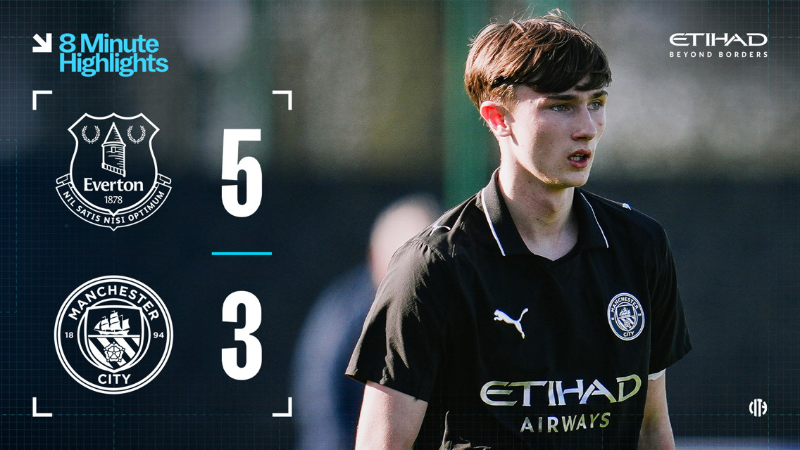 Scoreboard showing Everton defeated Manchester City with a score of 5-3. Display includes both team logos and a blurred player.