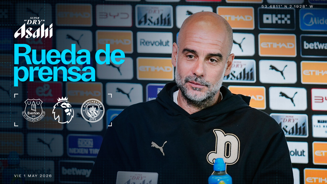Press conference banner featuring Everton and Manchester City logos with blurred person and Asahi branding, dated May 1, 2026.