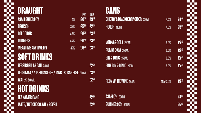 Bar menu displaying prices for draught, soft drinks, hot drinks, and cans including different beers, wines, and mixers.