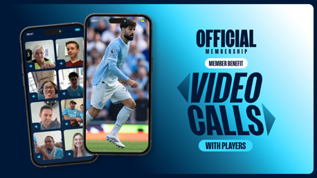 Promotional image for Manchester City's official membership benefit featuring video calls with players. It includes phones displaying a video call interface and a player in uniform.