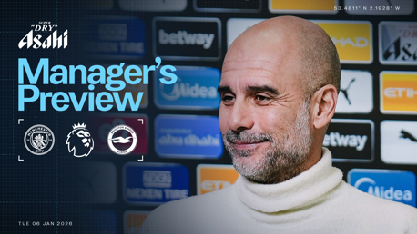 Poster for 'Manager’s Preview' featuring Manchester City vs Brighton & Hove Albion match logos, Premier League logo, date, and location coordinates.