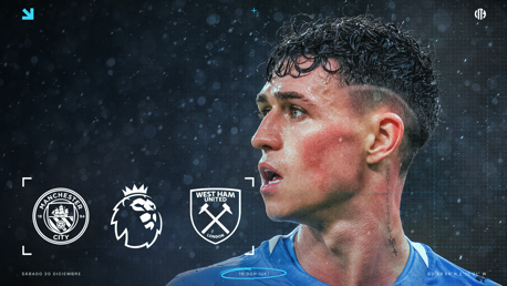 Poster for a Premier League match between Manchester City and West Ham United, scheduled for Saturday, December 20th at 15:00 UK time. Includes logos of the teams and the Premier League.