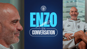 A promotional graphic for 'Enzo in Conversation' featuring a man in casual attire associated with Manchester City.
