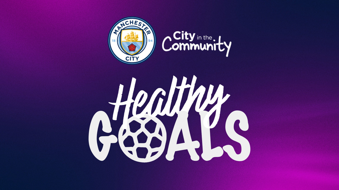 Manchester City logo with 'City in the Community' and 'Healthy Goals' text on a purple gradient background.