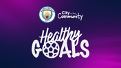 Manchester City logo with 'City in the Community' and 'Healthy Goals' text on a purple gradient background.