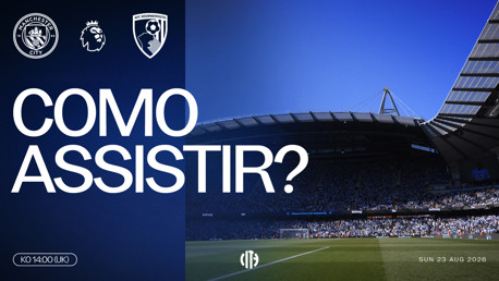 Graphic promoting Manchester City's match against AFC Bournemouth on Sunday, 23 Aug 2026, with kickoff at 14:00 (UK time).
