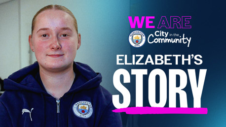 Blurred person wearing Manchester City hoodie in front of 'We Are City in the Community' text, promoting Elizabeth's Story.