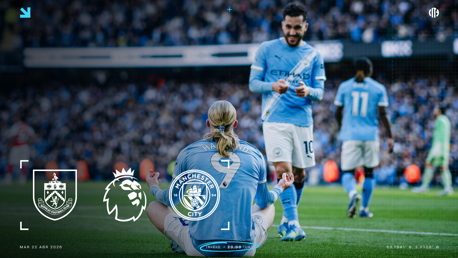 A promotional graphic for the Manchester City vs Burnley Premier League match scheduled for April 22, 2026, showing Manchester City players on the field.